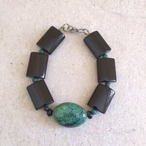 Bold Elegance: Black Jasper & Chrysocolla Heavy Bracelet! Wisdom & Protection